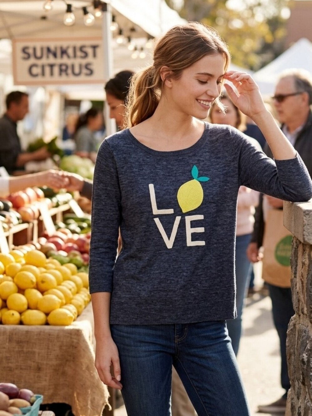 Gap Women's Navy 'Love' Lemons Coastal Summer Knit Sweater Size XS